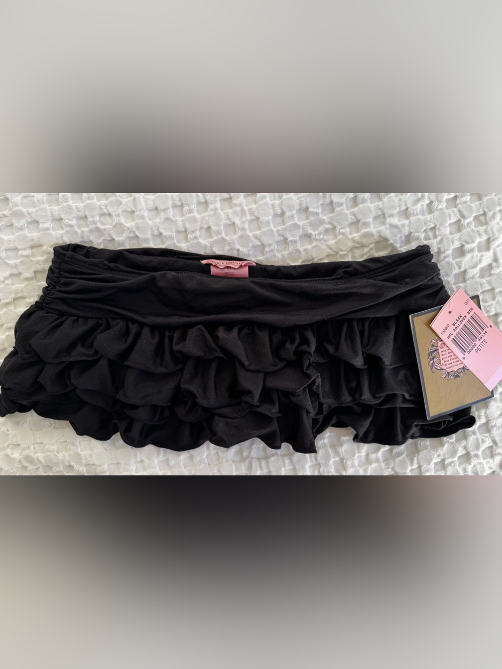 NWT  Juicy Couture Sz P Black Rollover Ruffled Bikini Bottom Swim Skirt